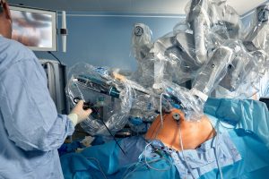 Minimal invasive robot surgical system in hospital. Robotic technology equipment, machine arm surgeon in futuristic operation room. Medical inovation 3D view endoscopy for robot surgery in healthcare